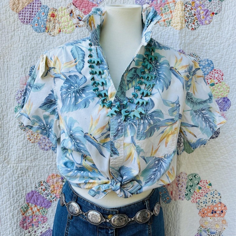 American Eagle Hawaiian Aloha Soft Blue Palm Short Sleeve Upcycled Camp Shirt M